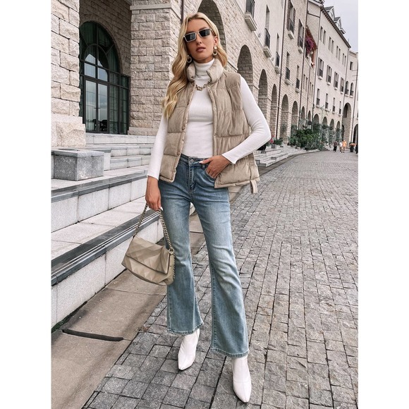 Snap Button Up Corduroy Puffer Vest Coat tan - Picture 3 of 6